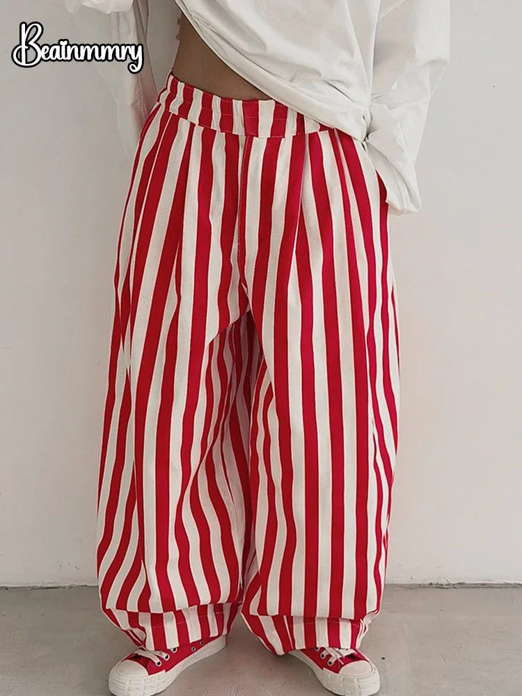 Red White Striped Balloon Pants Women's Elastic Waist Wide Leg Baggy Casual Trouser 2026 Summer New Streetwear Loose Fit Pants