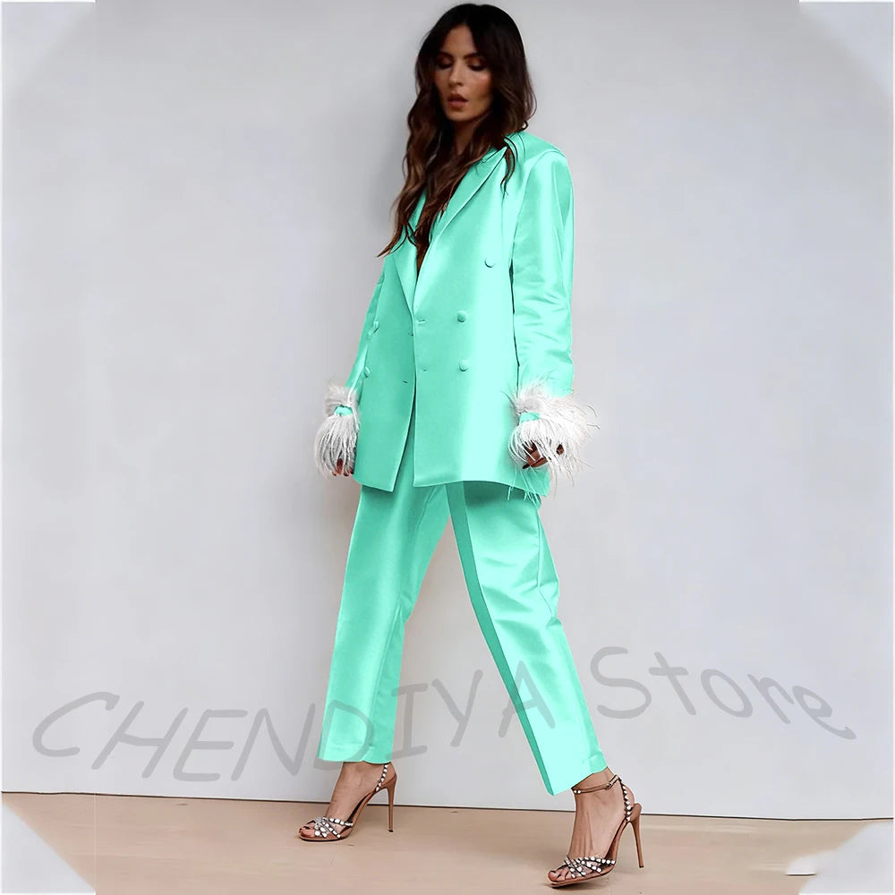Luxury Feather Women's Suit Classic Design Double Breasted Ankle Length Elegant Outfit Two Pieces Formal Party Female Set