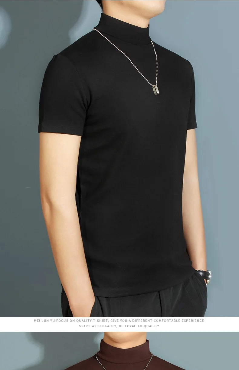1pcs Thin New Men Half High Collar T shirts Short-sleeve Tee Fitness Joggers Bodybuilding Quick Dry tshirt Male Gym Clothes Tops