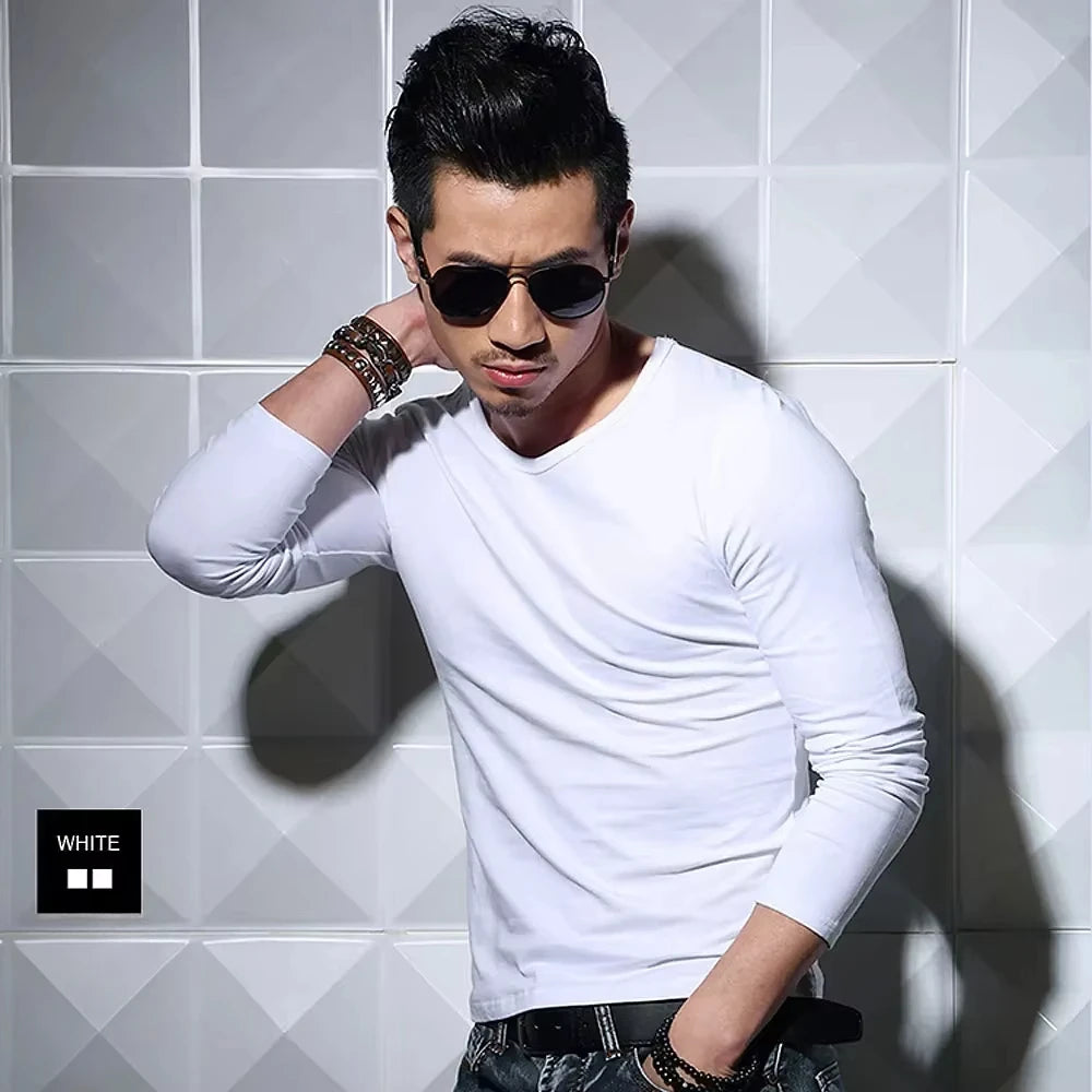 Men's Long Sleeve V Neck T Shirt 2026 MRMT Men T-shirt Slim Solid Tight Man T Shirt Tops Tees Clothing