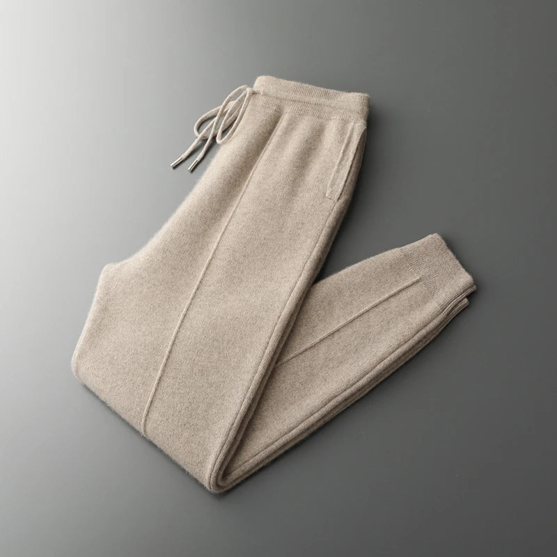 Autumn and Winter Thickened High Waisted 100% Merino Wool Men's Pants Small Leg Pants Casual Business Knitted Sweatpants Warm