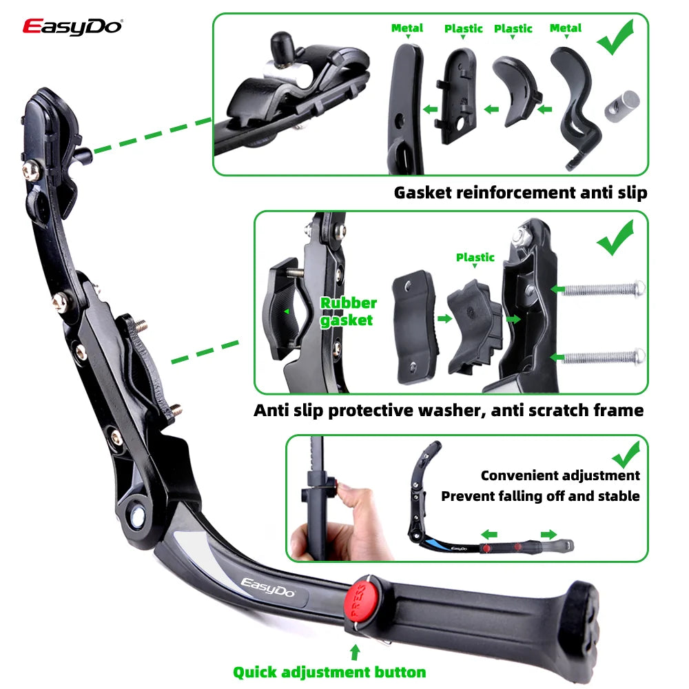 Easydo Bicycle Stand Aluminum Alloy Side kickstand Bicycle Universal for 26-29 Inch MTB Road Bike Height Adjustable Rubber Foot