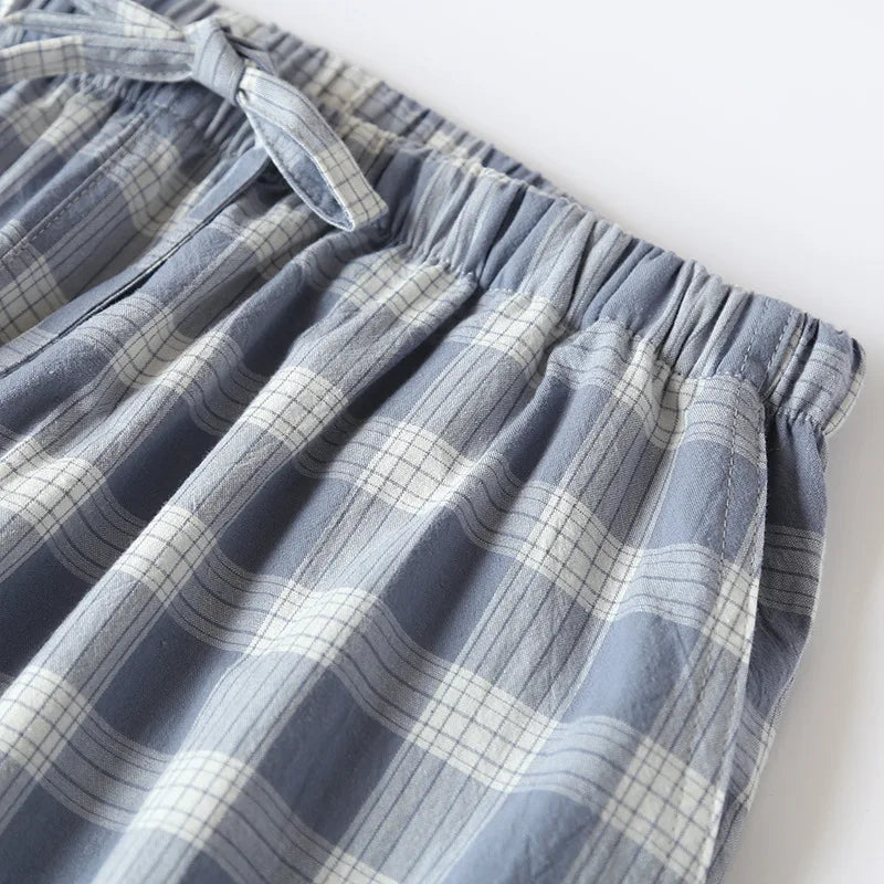 New 2026 Men's Sleepwear Pajama Shorts Plaid Design 100% Cotton Casual Loose Double-layer Homewear Sleep Bottoms Male Home Pants