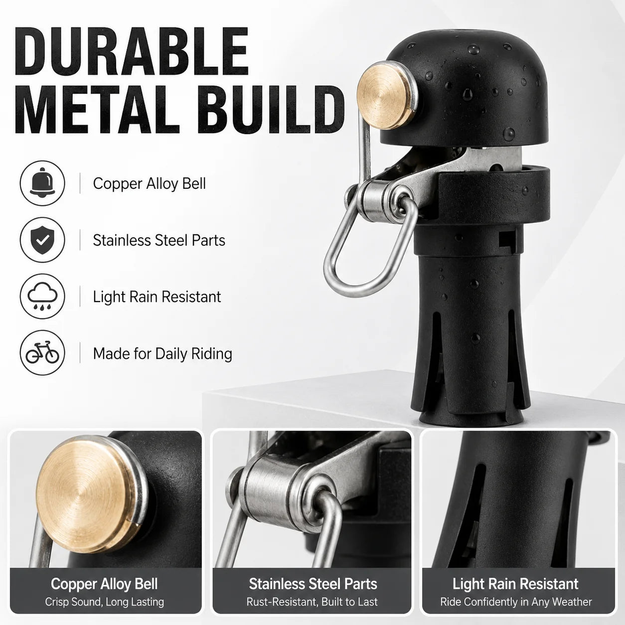 Hidden Road Bike Bell, 80dB Light-Touch Bell for Drop Handlebars, Compact Copper Alloy & Stainless Steel, Easy Install, Black