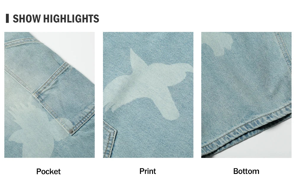 Pigeons Print Carpenter Denim Pant Mens Pocket Retro High Street Washed Distressed Loose Wide Leg ARC 3D JEANS