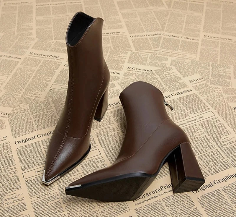 Pointed Toe Women's Ankle Boots Fashion Back Zippers Short Botas Ladies Elegant Square High Heel Winter Women's Footwear
