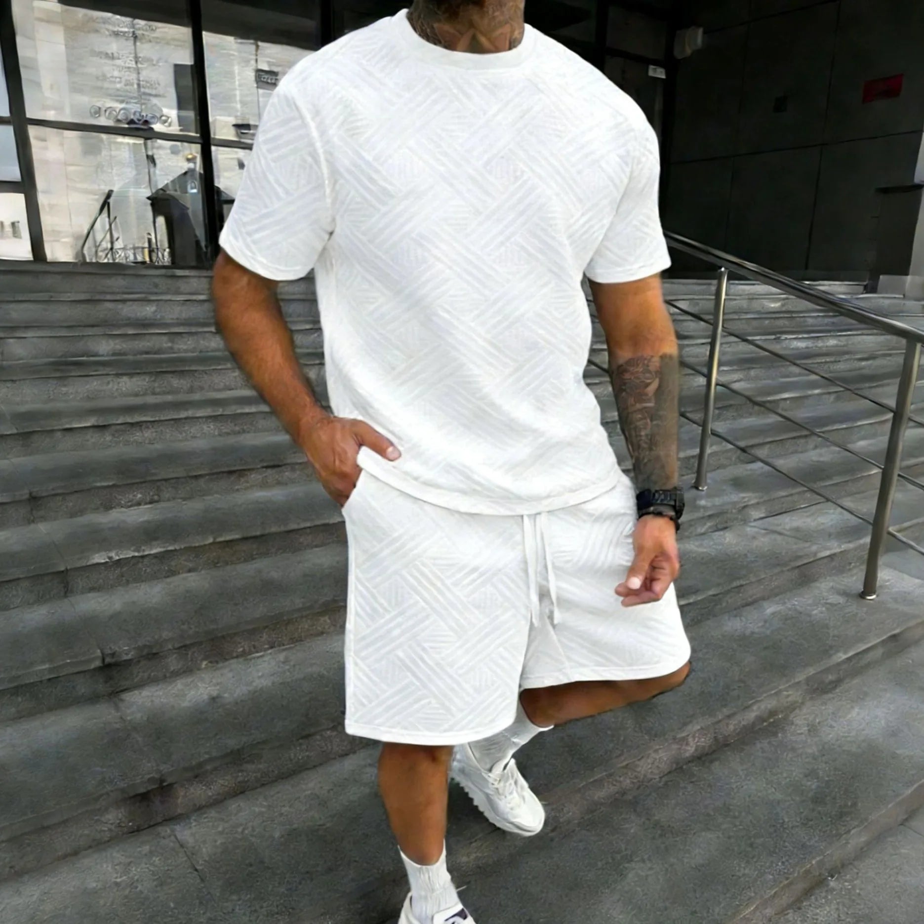 New men's summer jacquard short-sleeved shirt and short pants casual breathable T-shirt and short pants sports outfit streetwear
