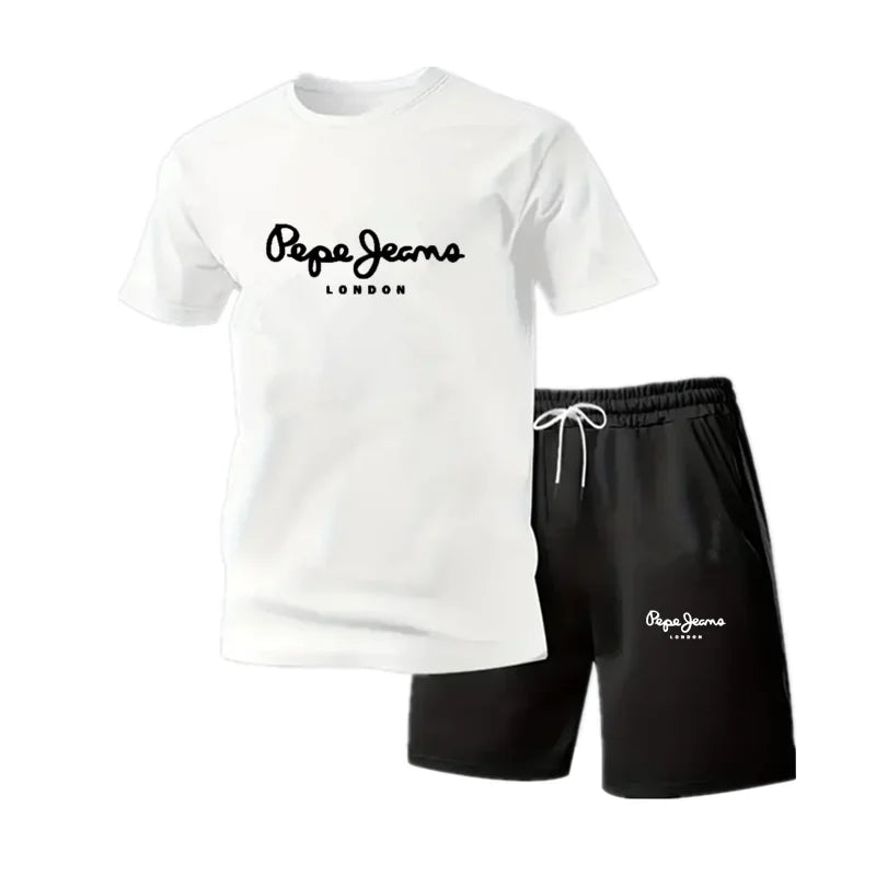 New summer fitness sportswear for men, short-sleeved T-shirt and shorts two-piece set, breathable and quick-drying casual wear.