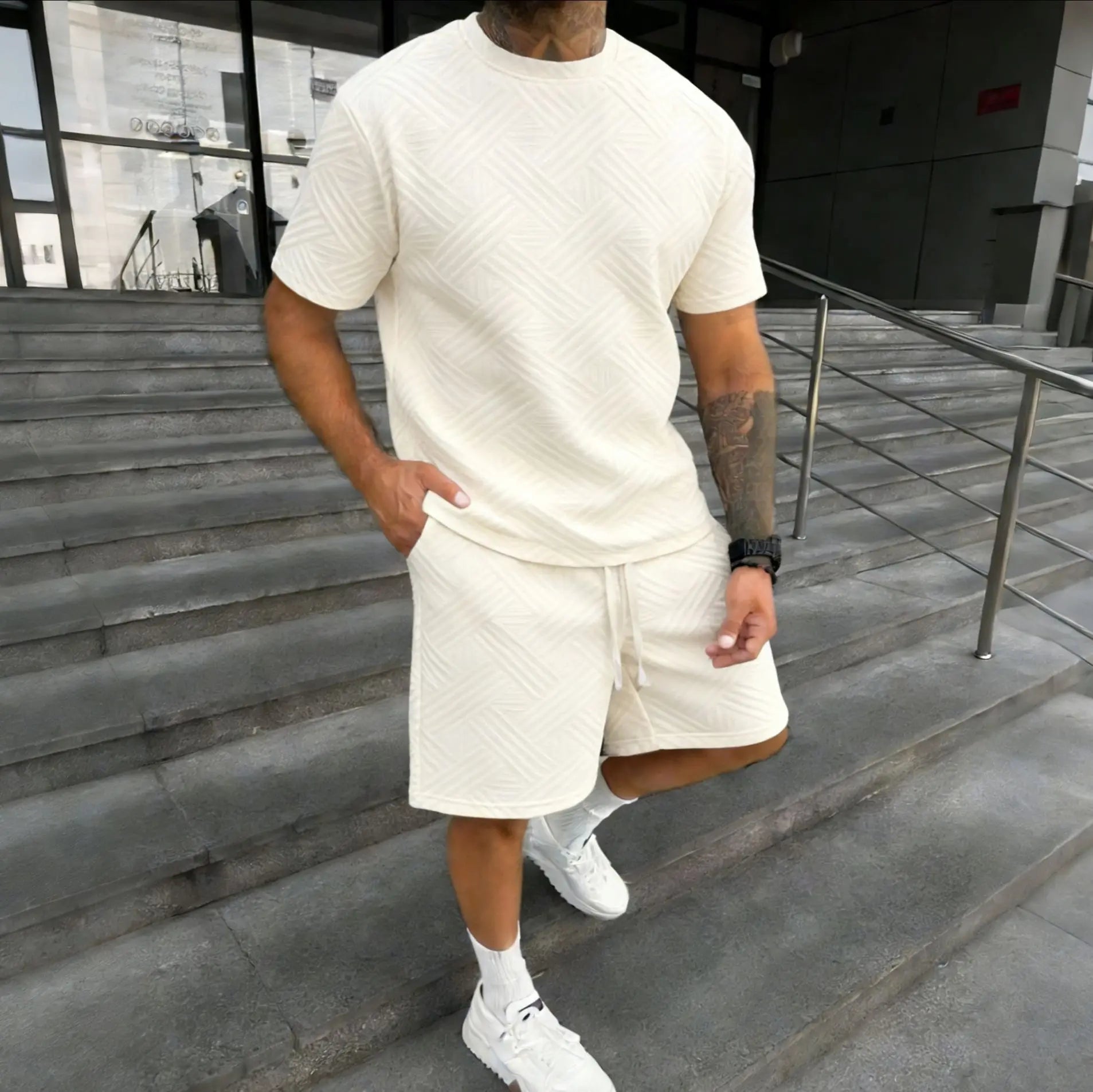 New men's summer jacquard short-sleeved shirt and short pants casual breathable T-shirt and short pants sports outfit streetwear