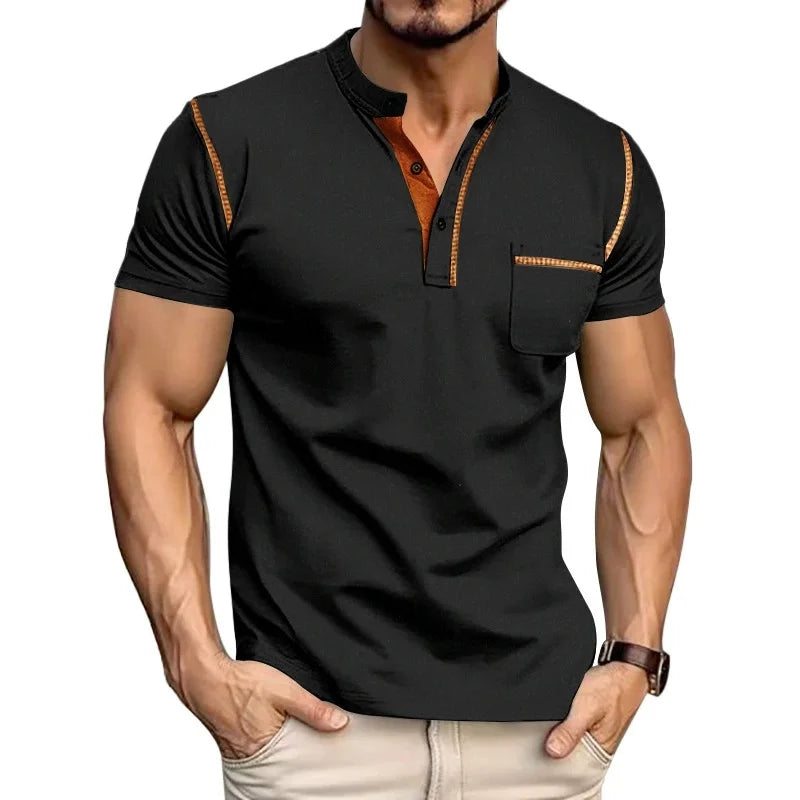 Summer men's fashionable Henry collar half-button short-sleeved moisture-wicking breathable casual American stretch T-shirt top