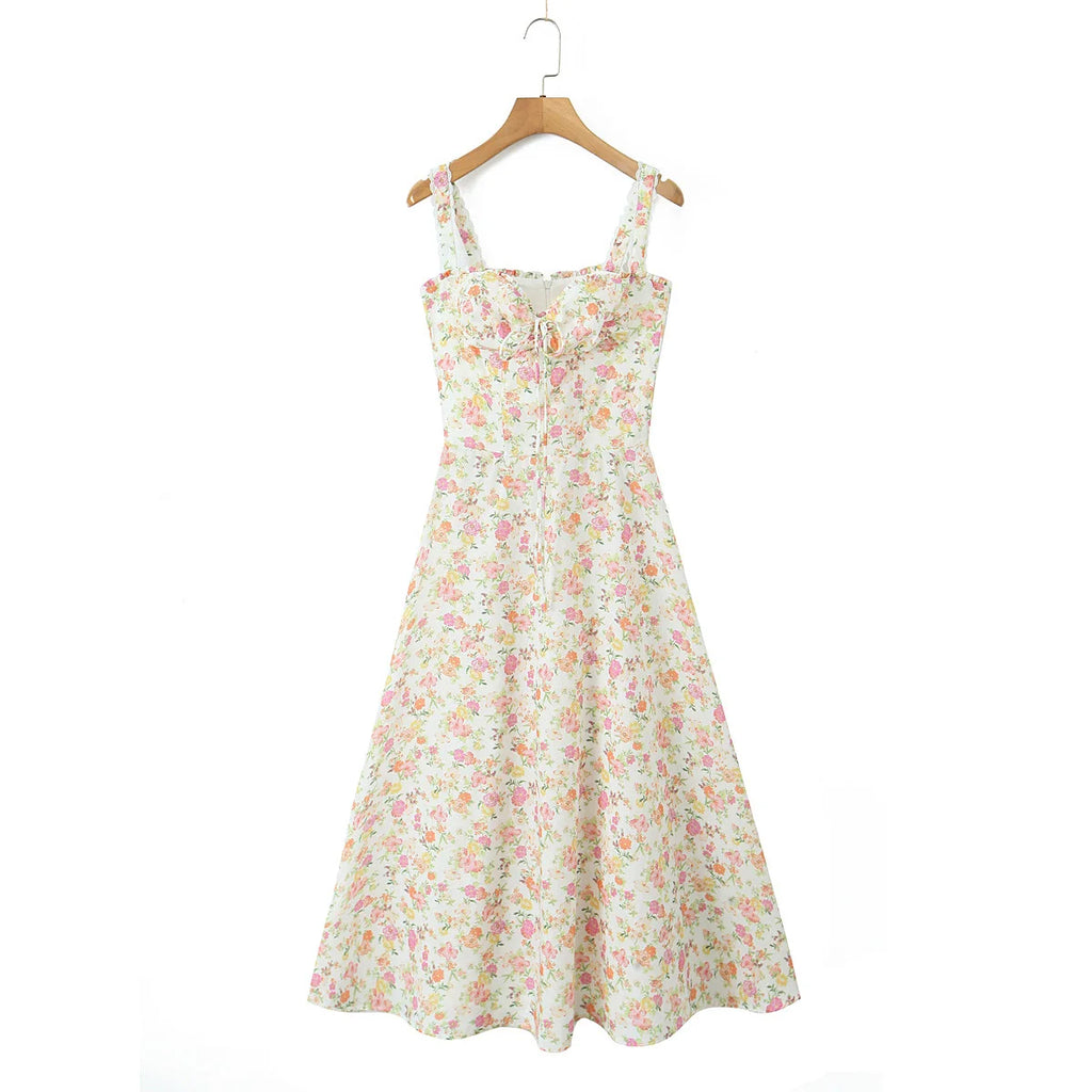 YENKYE Sexy Elegant Women Lace Patchwork Floral Print Sling Midi Dresses Holiday Summer Lady Party Vestidos Cotton Robe