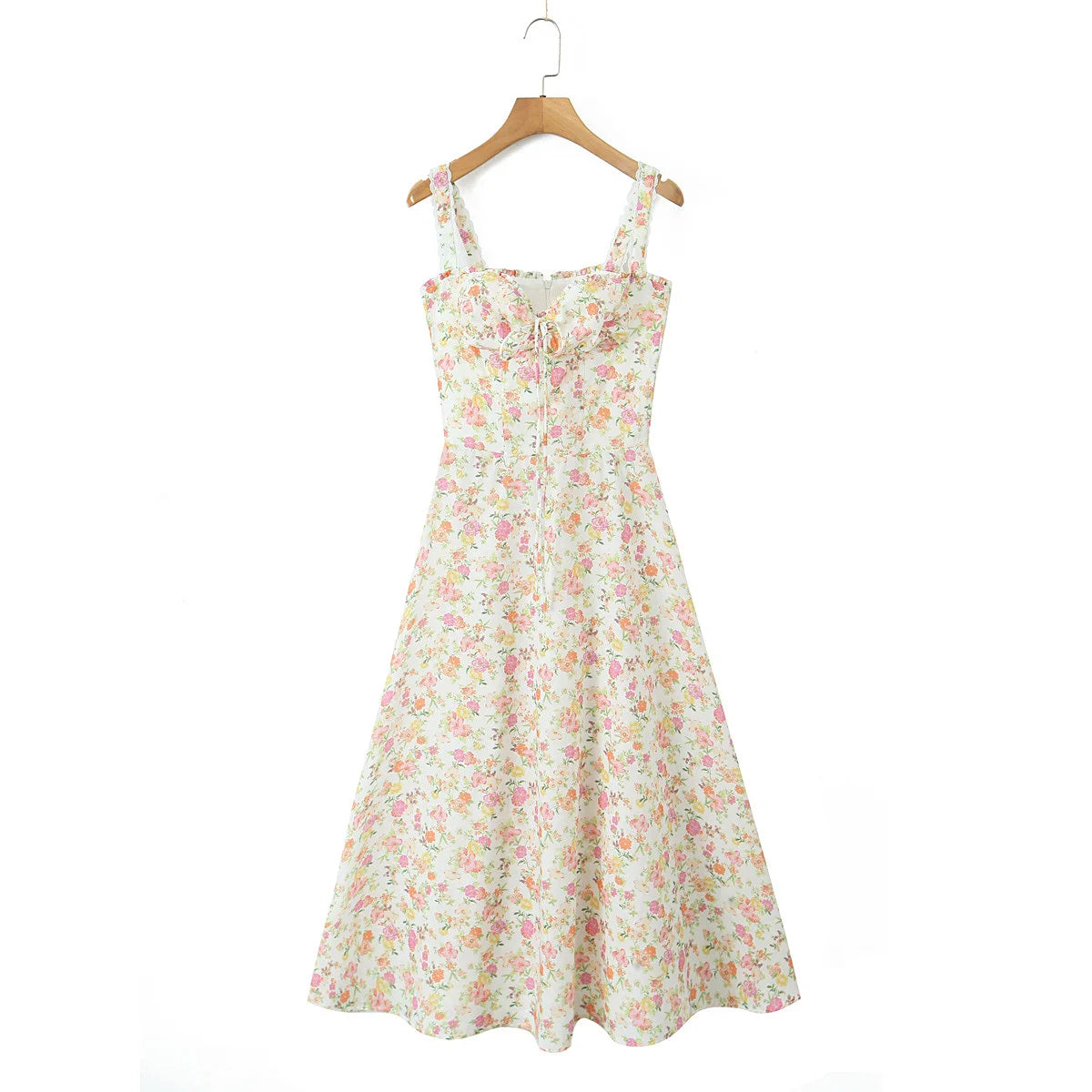 YENKYE Sexy Elegant Women Lace Patchwork Floral Print Sling Midi Dresses Holiday Summer Lady Party Vestidos Cotton Robe