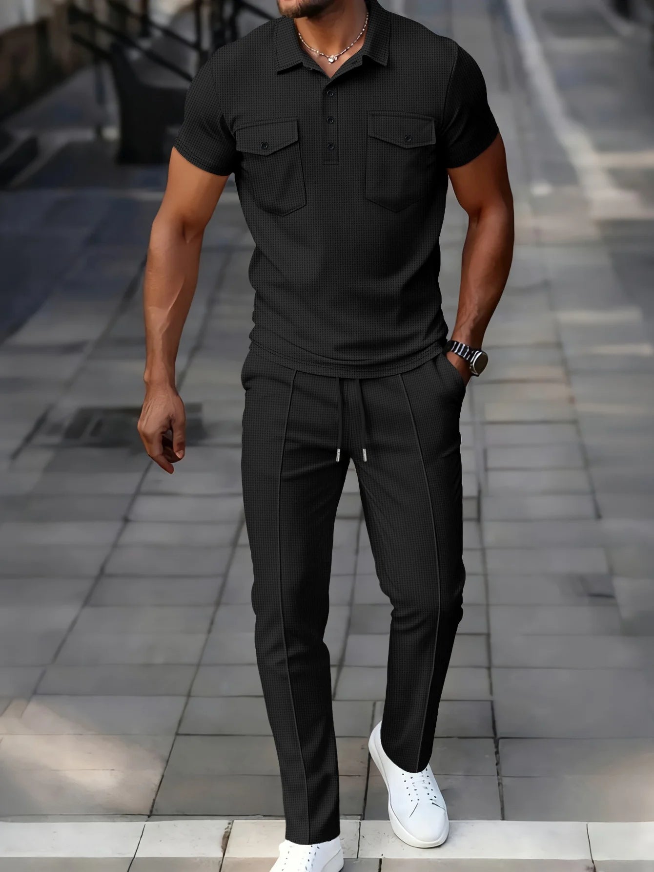 Summer New Men's Waffle Casual Tracksuit, Lapel Collar Double Pocket Solid Polo Shirt and Long Pants Set
