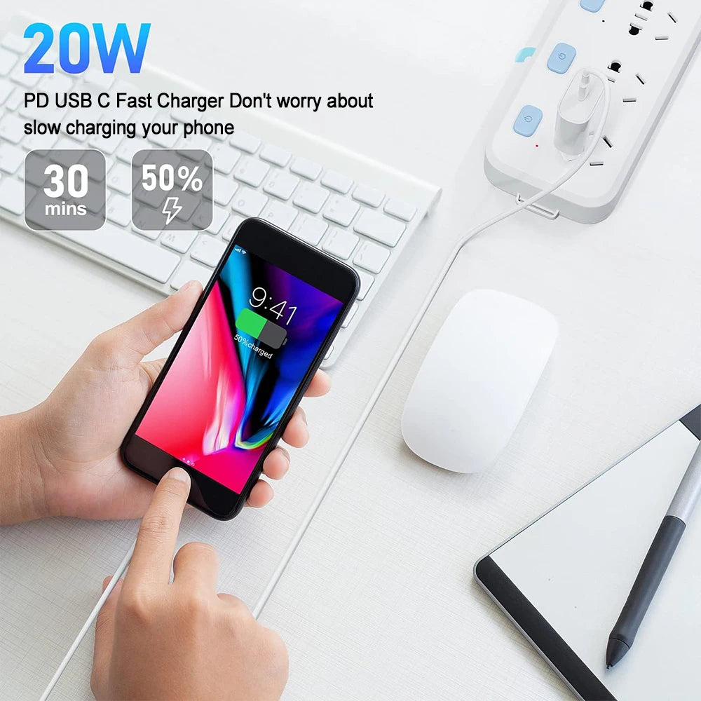 PD Charger 20W Fast Charging USB Type C Power Adapter For iPhone Apple 17 16 15 Pro Max iPad XiaoMi Samsung Quick Charger Cable