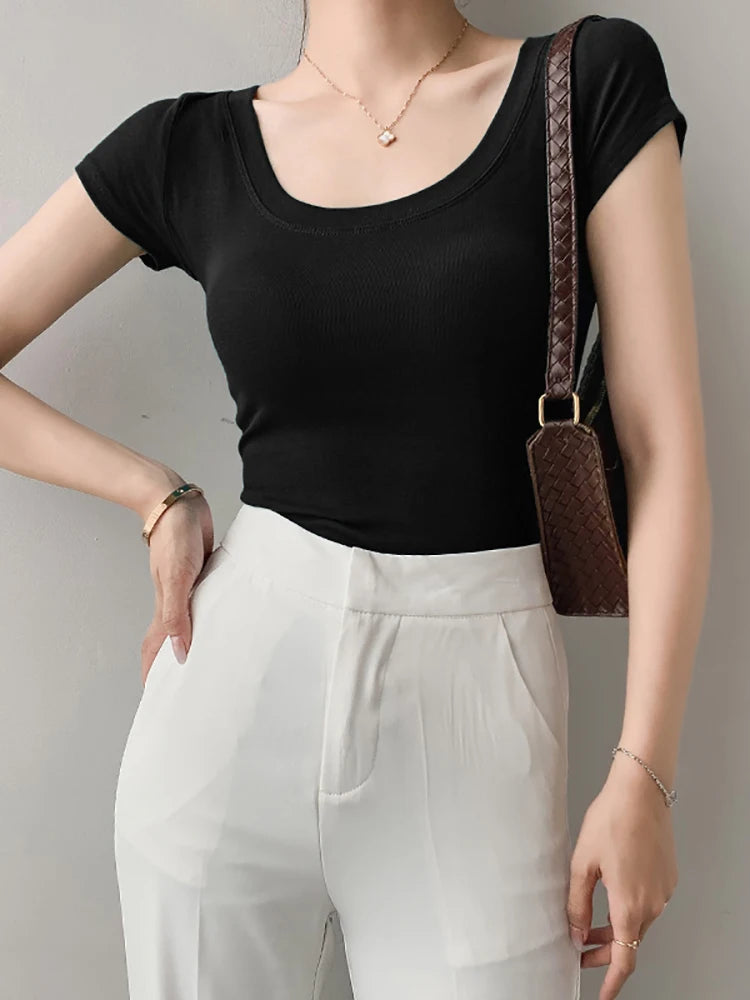 AOSSVIAO 100% Cotton T Shirt Women Summer New Slim Solid Basic Tees 16 Color Casual Tshirt Korean O Neck Khaki Tops