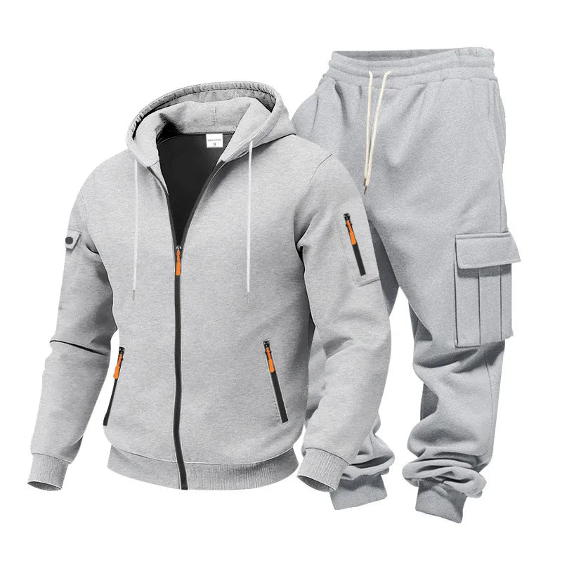 Men's Full Zip Hooded Tracksuit 2 Piece Set Casual Cargo Pocket Jogger Suit Outdoor Sports Hoodie And Pants Set