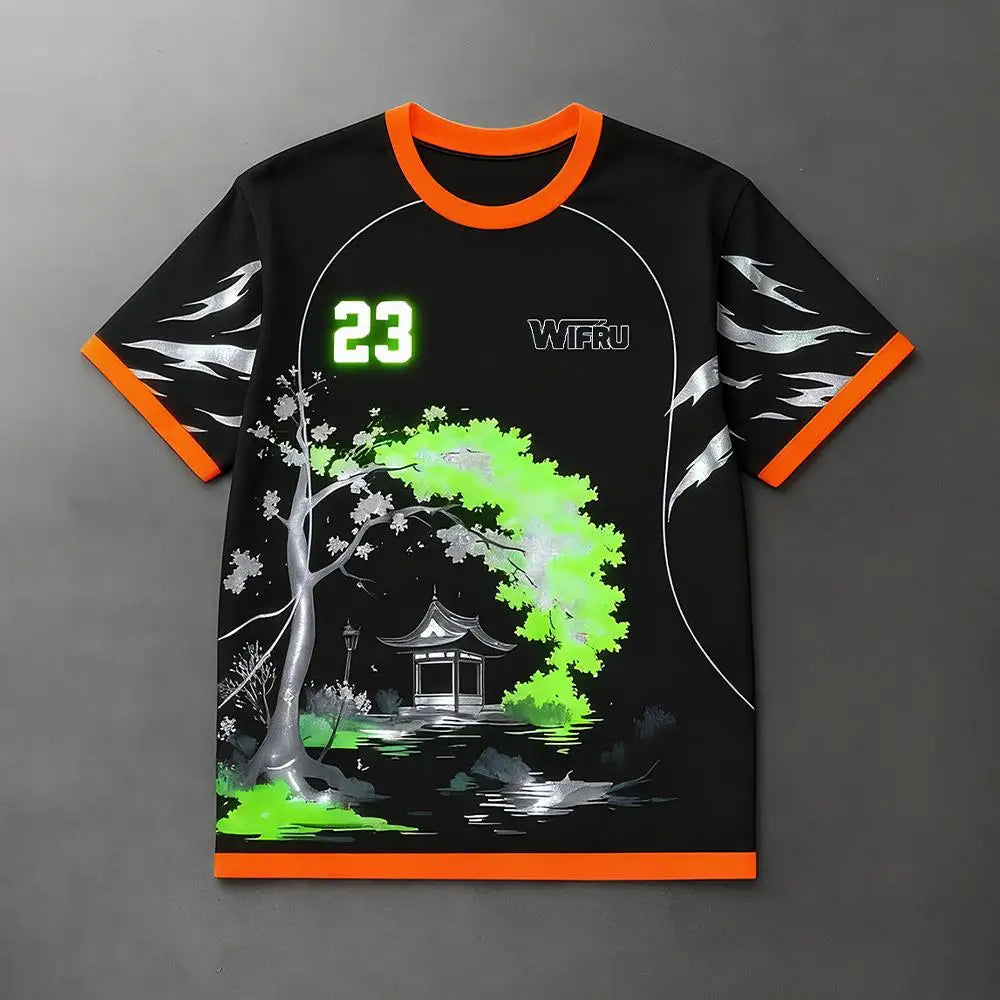 Traditional Ink Painting Graphic Football T-shirt WIFRU Japanese Anime Style Sports Training Jersey Men's Breathable Casual Tops
