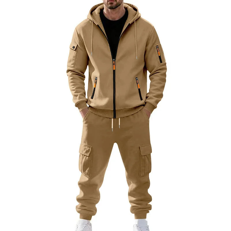 Men's Full Zip Hooded Tracksuit 2 Piece Set Casual Cargo Pocket Jogger Suit Outdoor Sports Hoodie And Pants Set