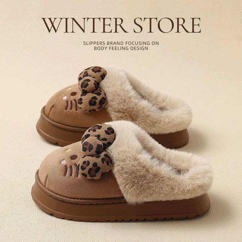 Cartoon Sanrio Hello Kitty Thick Sole Plush Cotton Slippers Anime Women's Winter Warm New Anti-Slip Wear-Resistant Home Shoes