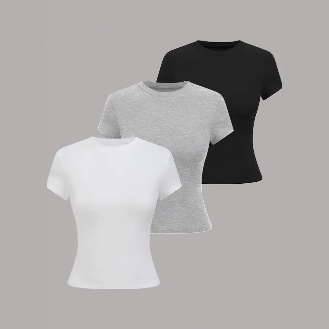 3pcs Sale Women's T-shirts Summer Round Collar Short Sleeve Slim Solid Color Tee Tops YDFS-53001