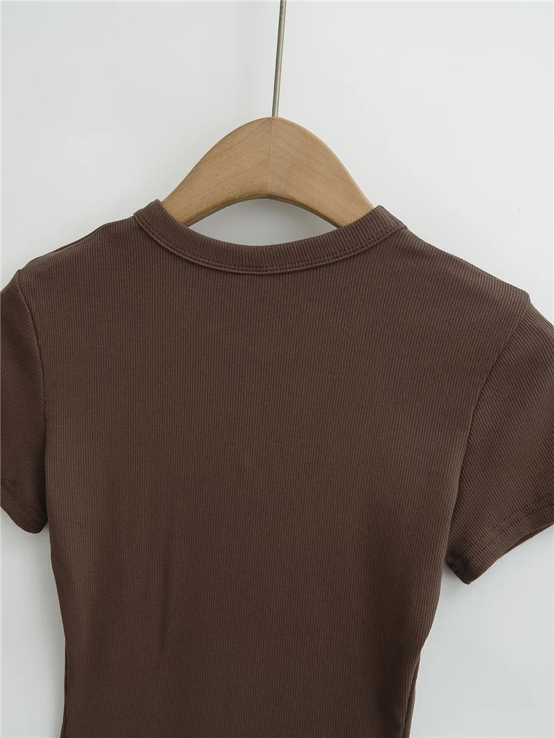 LUNDUNSHIJIA 2025 Summer Sexy Women Basic Small O-neck Short Sleeve T-shirt Ladies Slim Elasticity Cotton Short Style Tee Tops
