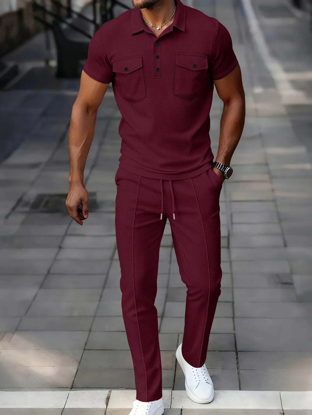 Summer New Men's Waffle Casual Tracksuit, Lapel Collar Double Pocket Solid Polo Shirt and Long Pants Set