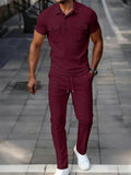 Summer New Men's Waffle Casual Tracksuit, Lapel Collar Double Pocket Solid Polo Shirt and Long Pants Set