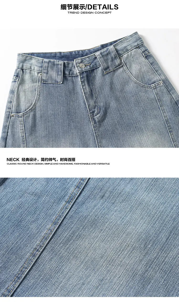 Retro Distressed Wide Leg Curved Jeans Men Y2K Hip Hop Baggy Denim Pants Streetwear Casual Trousers