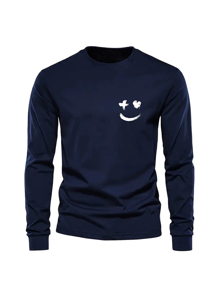 Simple Smiley Face Printed Men's Fashion Long-sleeve Round Neck T-shirt Autumn and Spring Season Mens Home Leisure Plus Size Top