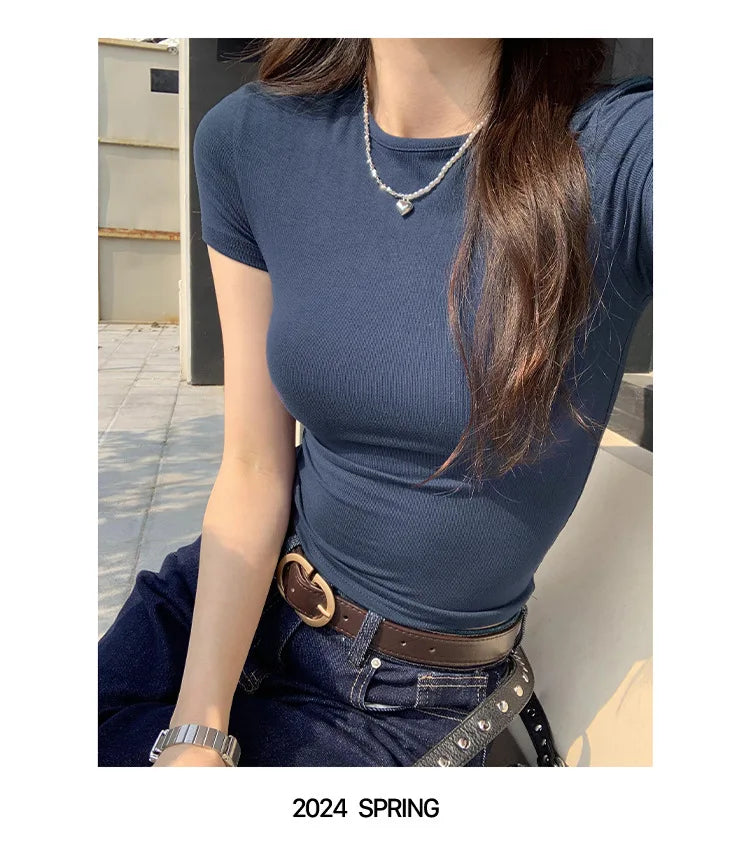 American style spicy girl shoulder T-shirt for women in summer 2025, tight fitting and slimming short top, basic elastic short s