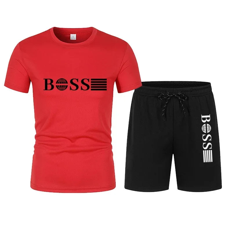 Spring and Summer New Two-piece Men's Running T-shirt and Short Casual Elastic Round Neck Sports Suit Comfortable Quick Drying