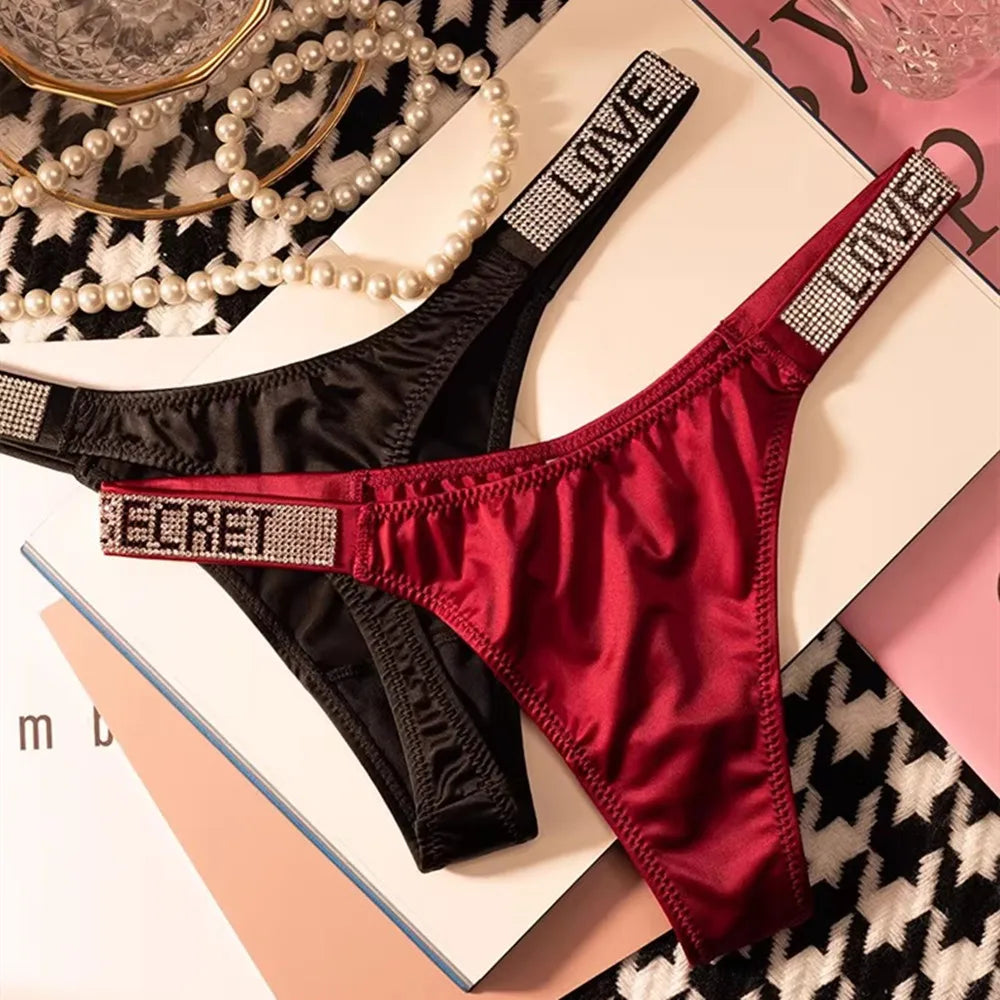 Wine Red/Leopard Sexy Shinning Rhinestone Thong Women's Seamless Underwear Sexy Sports Ladies Plus-size T-back Panties