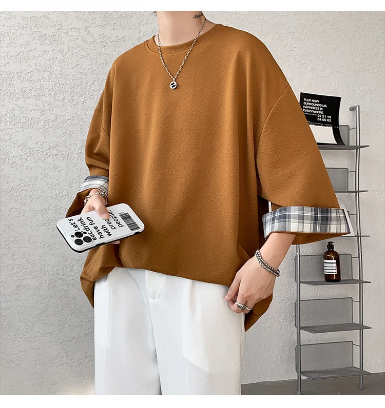men t shirts Summer Men's T-shirts Women Oversized 2XL Korean Style Loose Plaid T-shirt Casual Seven sleeves T-Shirt Male White