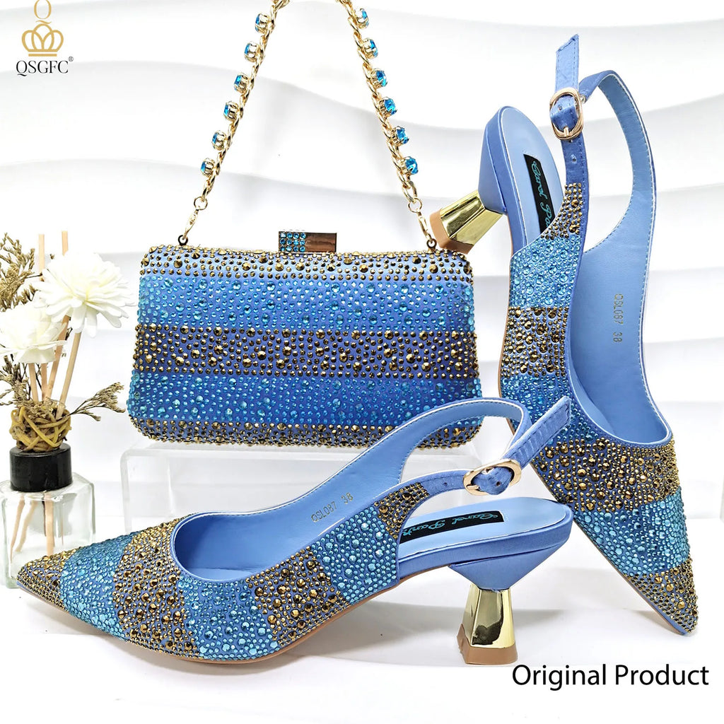 2026 Nigerian Women Heel Ladies Italian Luxury Design Green Shoes And Bag Set Decorated with Rhinestone Handbag Wedding Party
