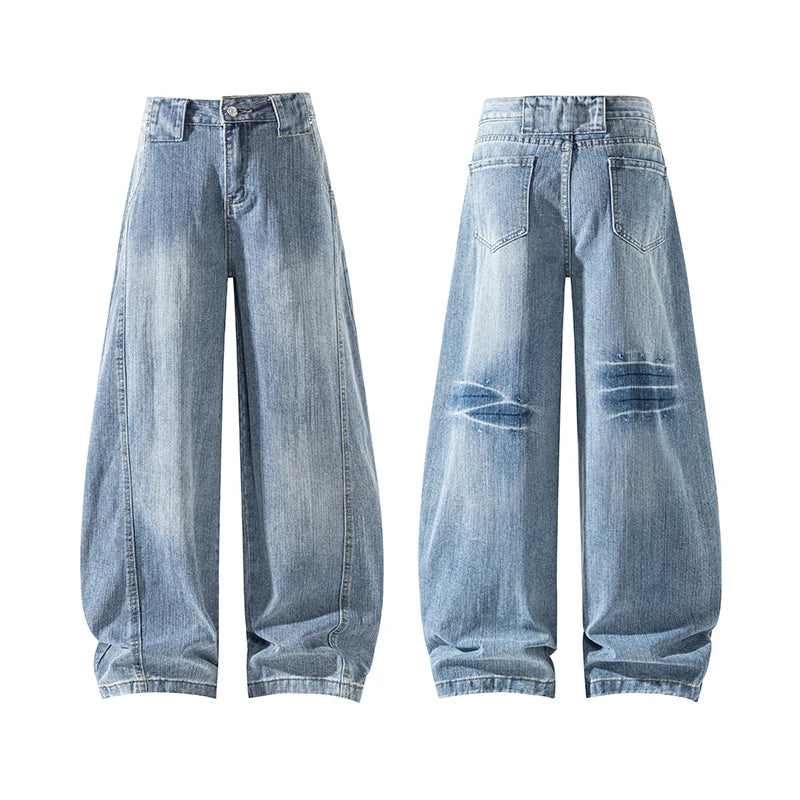 Retro Distressed Wide Leg Curved Jeans Men Y2K Hip Hop Baggy Denim Pants Streetwear Casual Trousers