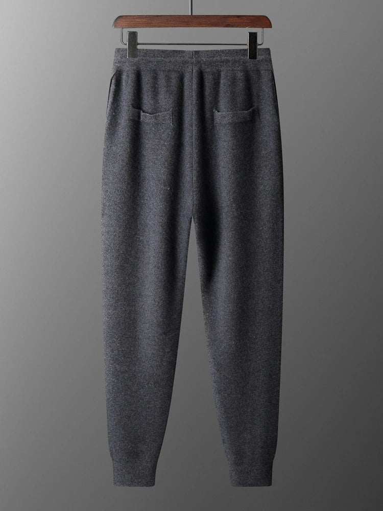 Autumn and Winter Thickened High Waisted 100% Merino Wool Men's Pants Small Leg Pants Casual Business Knitted Sweatpants Warm