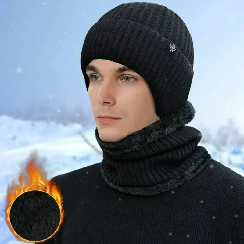 2pcs Winter Cycling Fleece Hats Knitted Plush Warm Outdoor Sports Cap Scarf for Women Men Hat Windproof Ski Ear Protection Gift