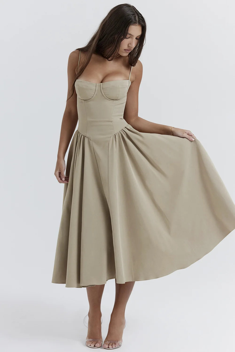 Vintage Floral Midi Dress Women's High Waist A-Line Sundress Green Dresses Summer Female 2025 Wedding Guest New White Evening