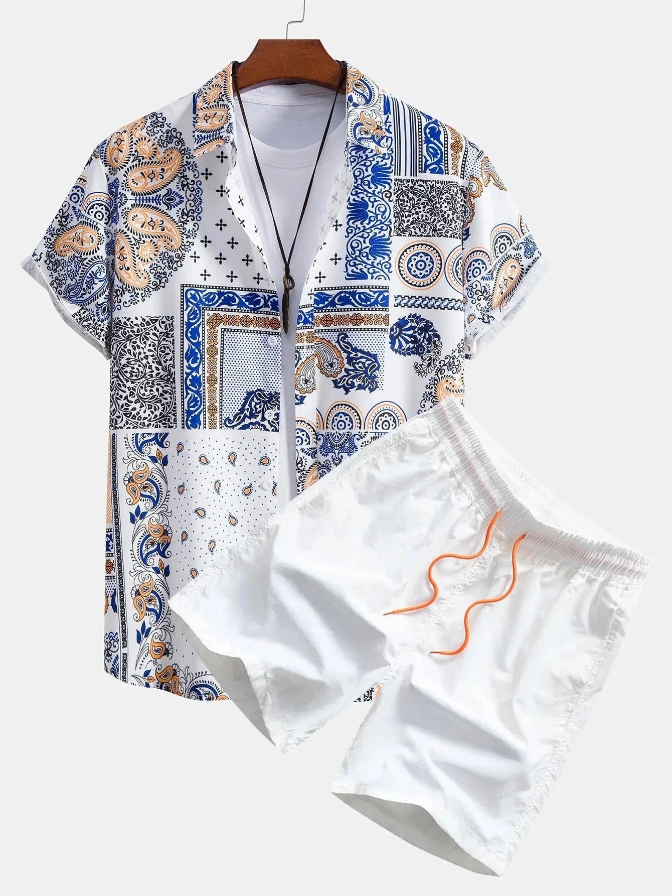 2024 Men Sets Print Patchwork Lapel Short Sleeve Casual Shirt Beach Shorts Summer Streetwear Vacation Hawaiian Suits Men S-5XL