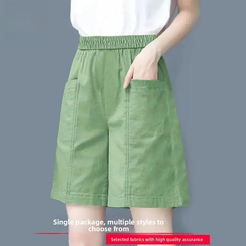 Summer Casual Loose High Waist Slimming Cotton Wide Leg Five-Quarter Length Women's Shorts Versatile Workwear Style Shorts