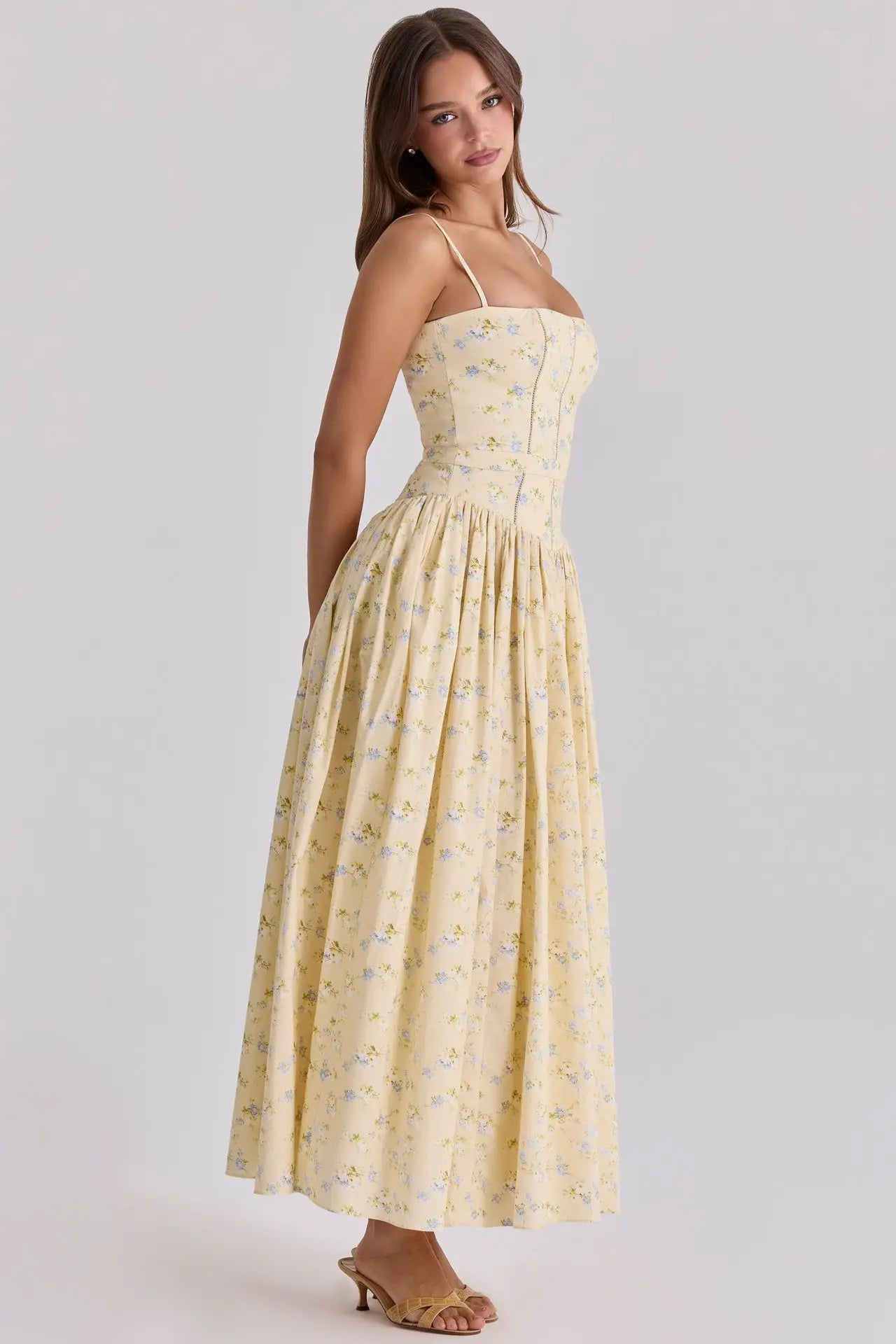 Oligai Summer Floral Print Spaghetti Strap Midi Dress Women Party Dress Elegant Vintage Holiday Beach Wear Dress