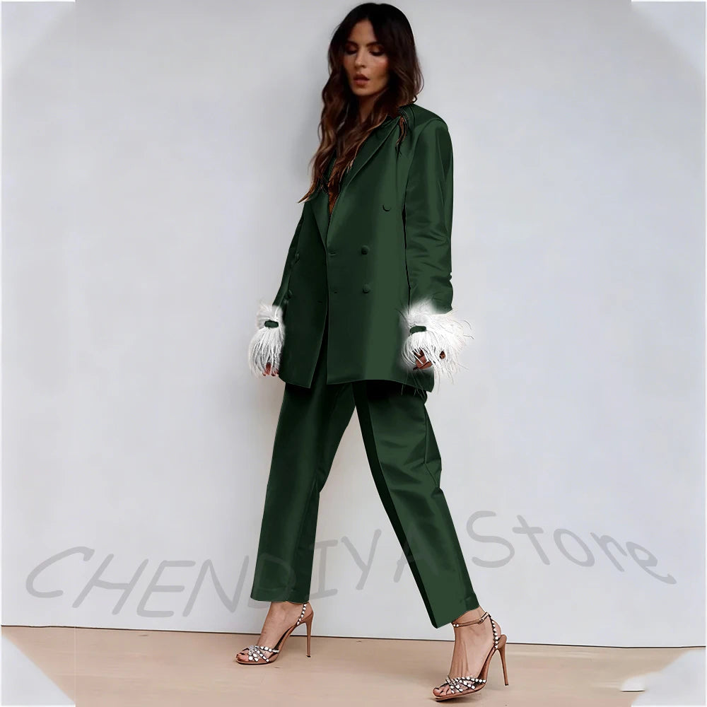 Luxury Feather Women's Suit Classic Design Double Breasted Ankle Length Elegant Outfit Two Pieces Formal Party Female Set
