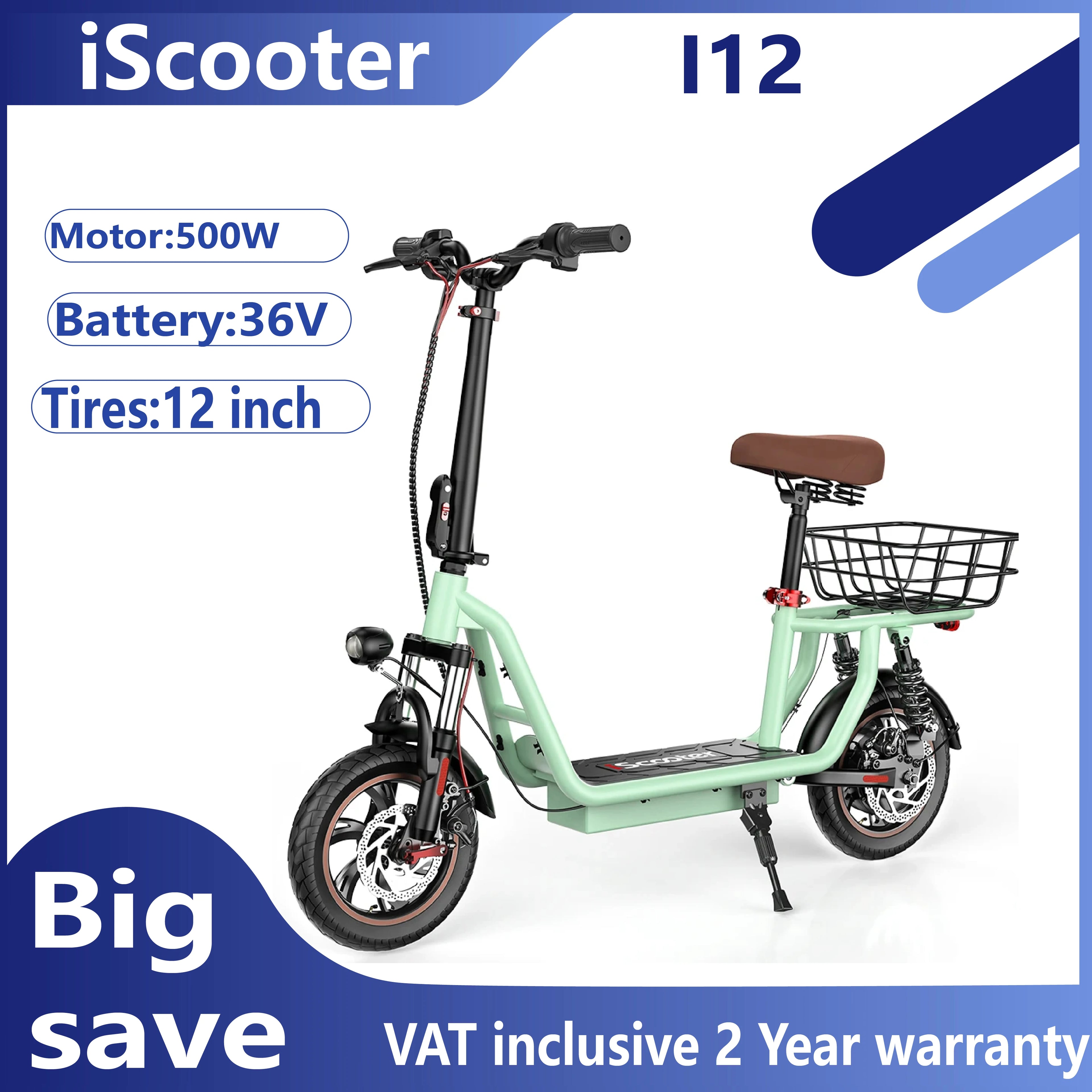 ISCOOTER I12 Adult Electric Scooter 500W Motor E- Scooter 36V7.5AH Battery Electric Scooter 12 Inch Road Tire Electric Scooter