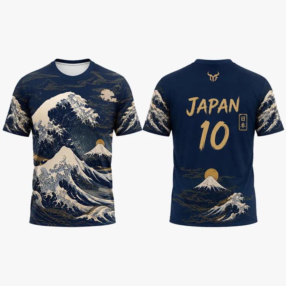 New Japanese Ukiyo-e Themed Print Soccer T-shirt Ocean Wave Pattern Fashion Casual Streetwear Sports Training Breathable Jersey