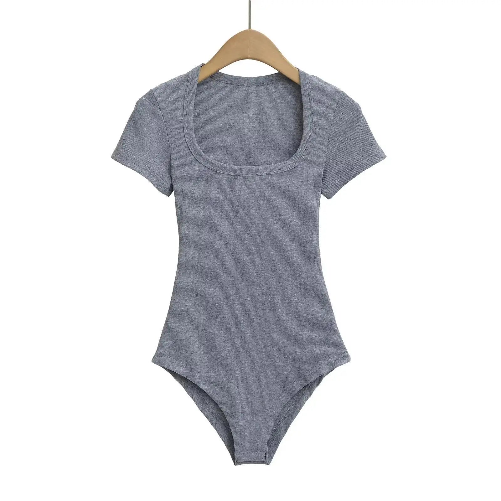 Women Short Sleeve Square Collar Bodysuits Summer Rib Knitted Elastic Slim Top Jumpsuits Solid Color