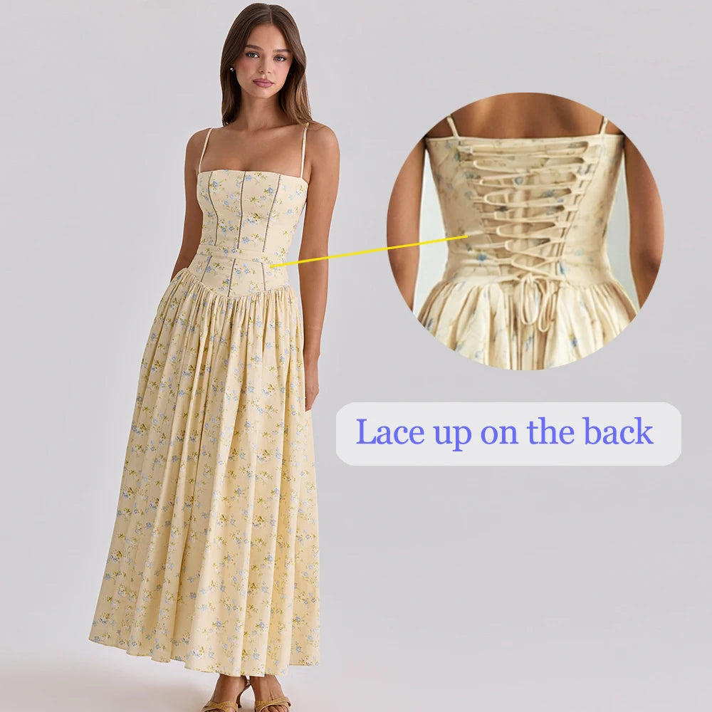 Oligai Summer Floral Print Spaghetti Strap Midi Dress Women Party Dress Elegant Vintage Holiday Beach Wear Dress