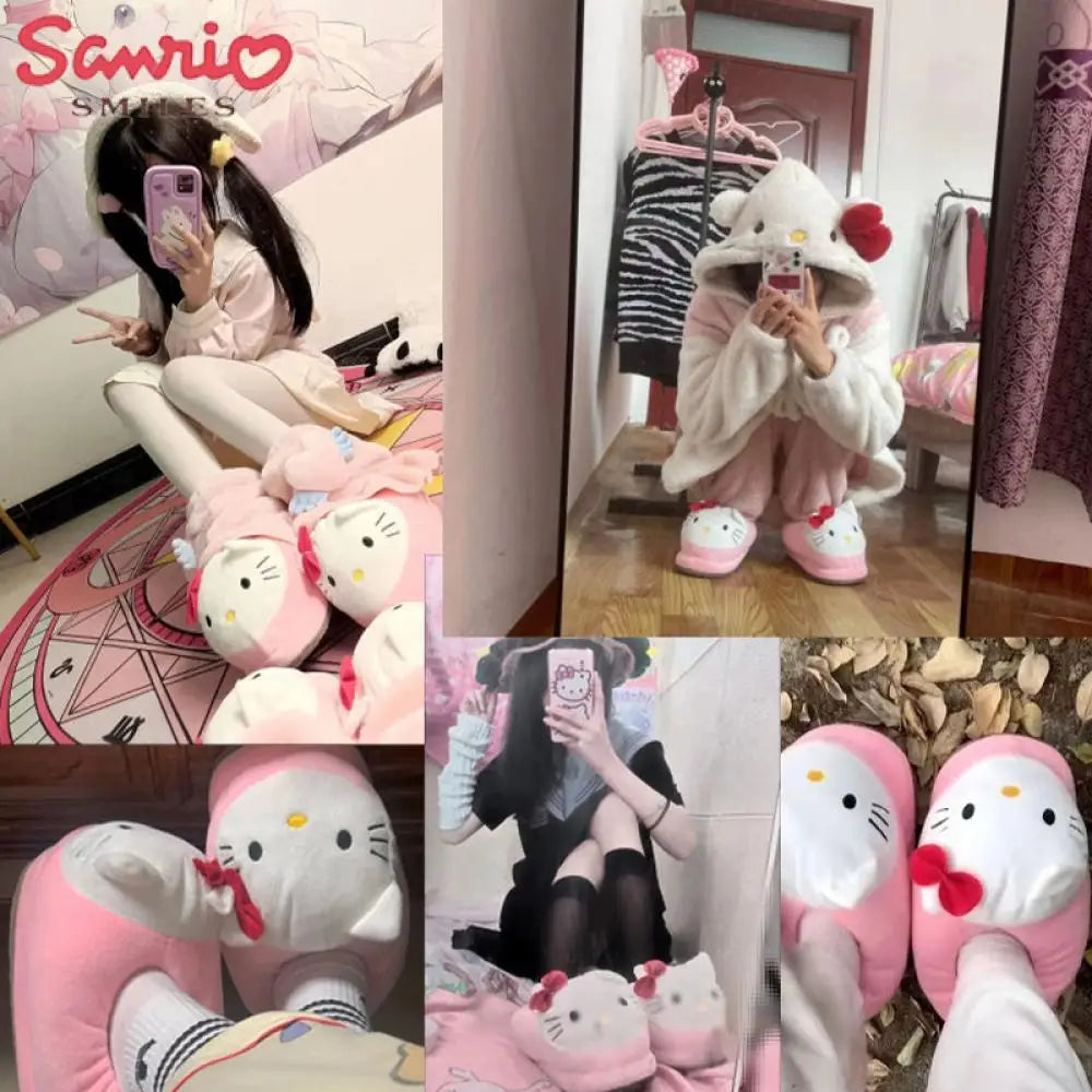 Y2K Hello Kitty Women Plush Cotton Shoes Big Head Slippers Sanrio Kawaii Anime Flat Shoes Winter Warm Thickened Cute Student