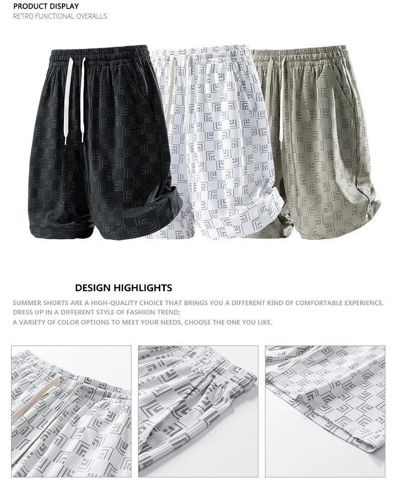 Men's Printed Cargo Shorts Summer Ice Silk Casual Loose Plus-Size 7XL 8XL Shorts Outdoor Gym Running Sports Five-Point Shorts