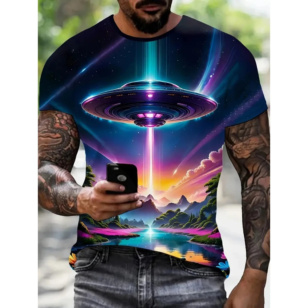 Ufo Spaceship Men's T-Shirt Fashion Printed Men's Short Sleeve Simple Casual Tops Outdoor Breathable Quick Drying Men's Clothing