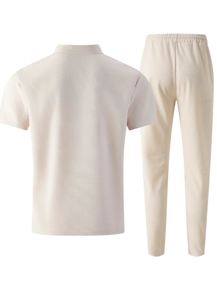 Summer New Men's Waffle Casual Tracksuit, Lapel Collar Double Pocket Solid Polo Shirt and Long Pants Set